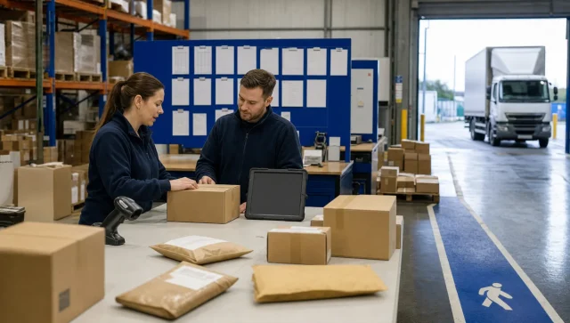 Two warehouse staff review parcels at a dispatch control table in a UK logistics warehouse.