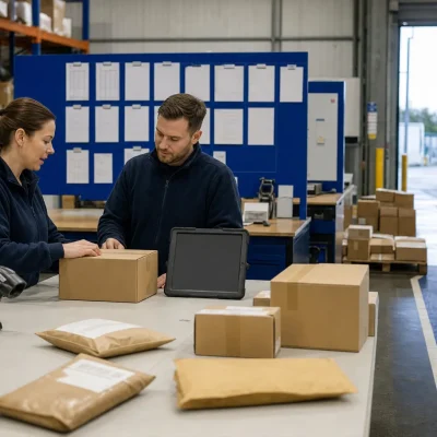 Two warehouse staff review parcels at a dispatch control table in a UK logistics warehouse.