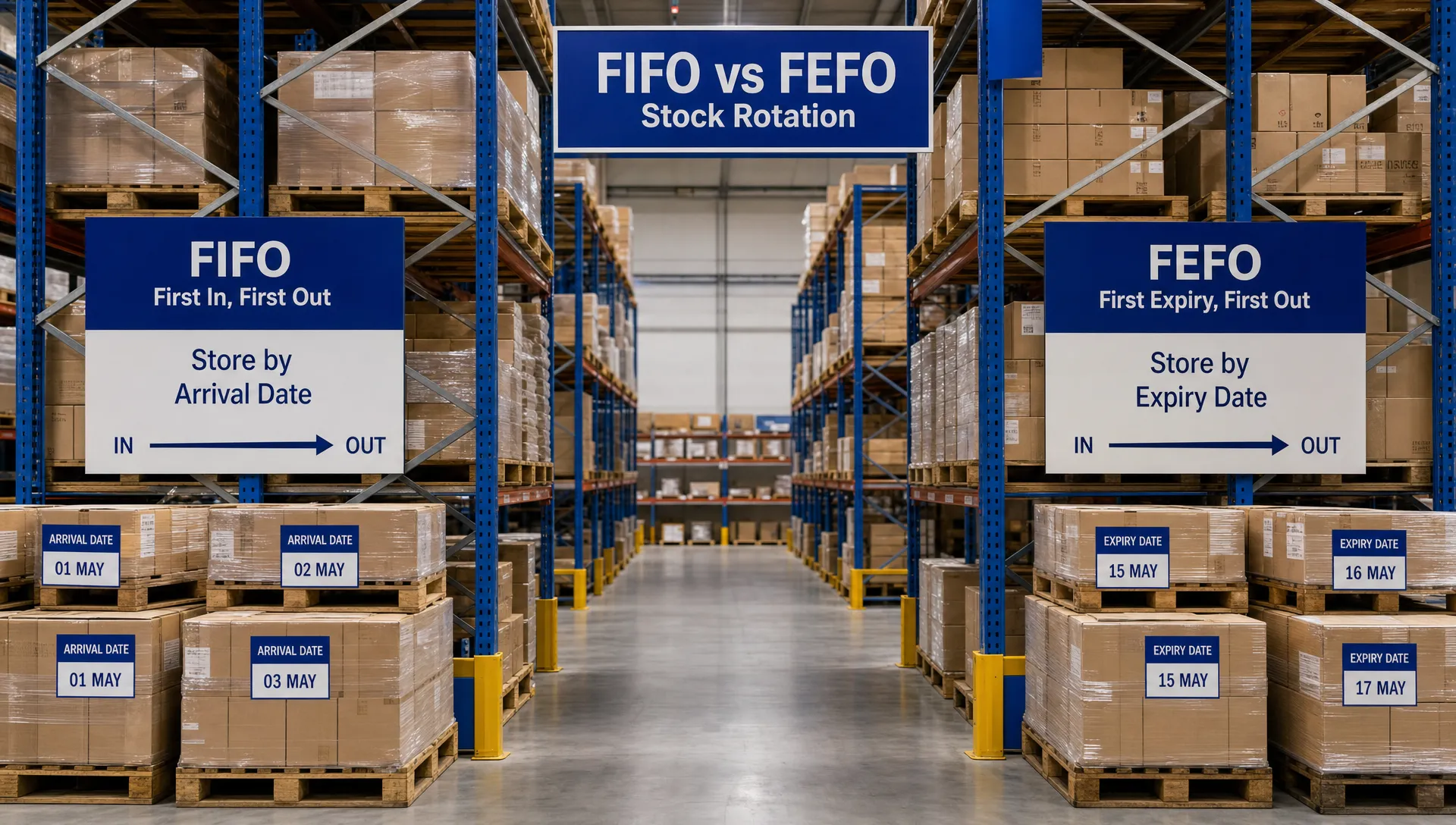 Unbranded warehouse aisles with pallets and cartons arranged by arrival date and expiry date, showing a practical fifo vs fefo stock rotation layout.