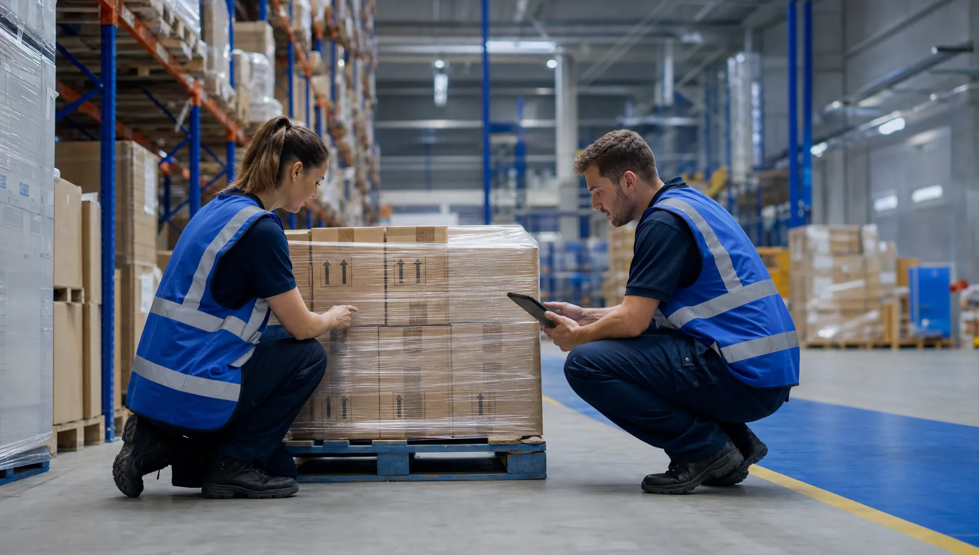 What Does a 3PL Need From You Before Your First Order Can Ship? 1 Unbranded warehouse operatives check cartons on a pallet during 3PL onboarding, with a tablet held beside them and no visible branding.