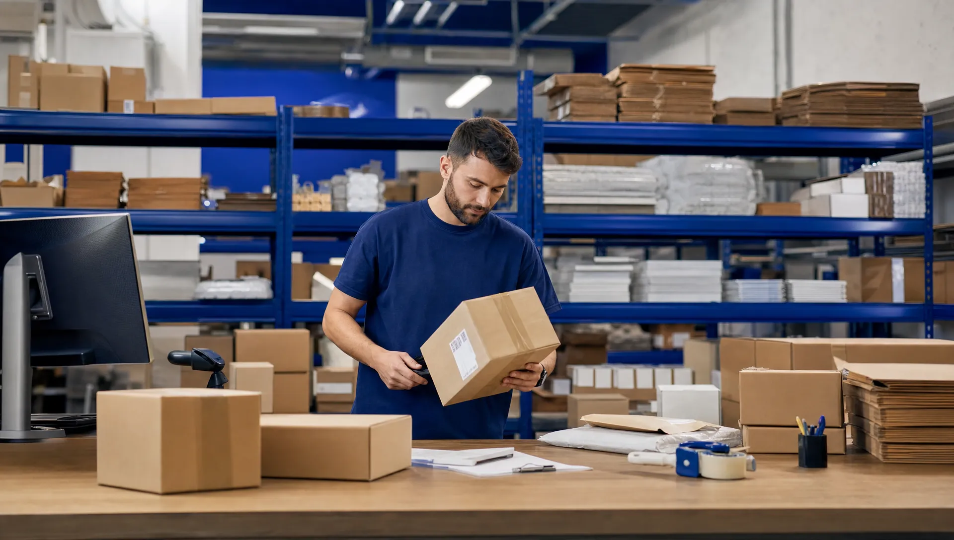 How to Handle Fulfilment When Launching a New Sales Channel 1 Unbranded warehouse packing area with plain cardboard boxes, stock shelves and a worker checking parcels at a bench.