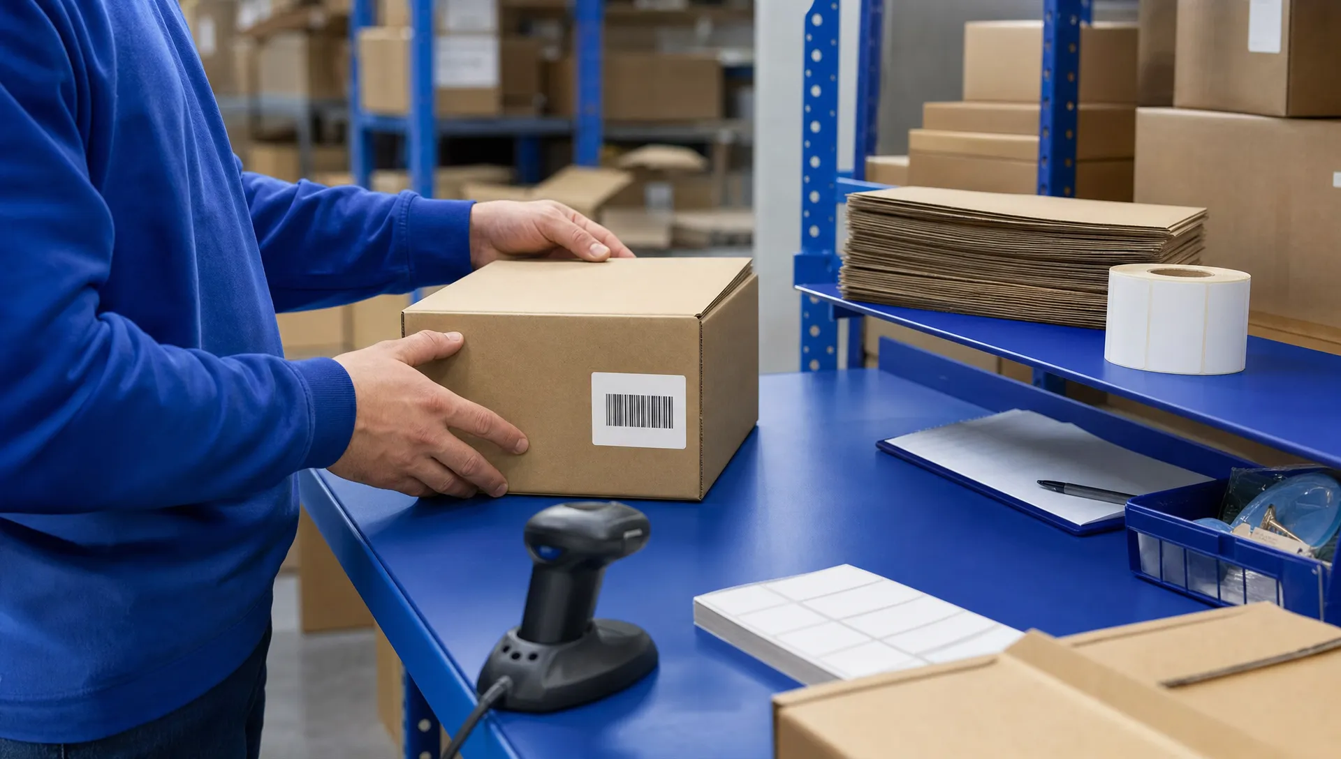 Retailer Chargebacks - How Fulfilment Mistakes Can Cost Brands Money 1 Unbranded warehouse packing bench with plain cartons, blank labels and a scanner, showing careful fulfilment checks before retailer dispatch.