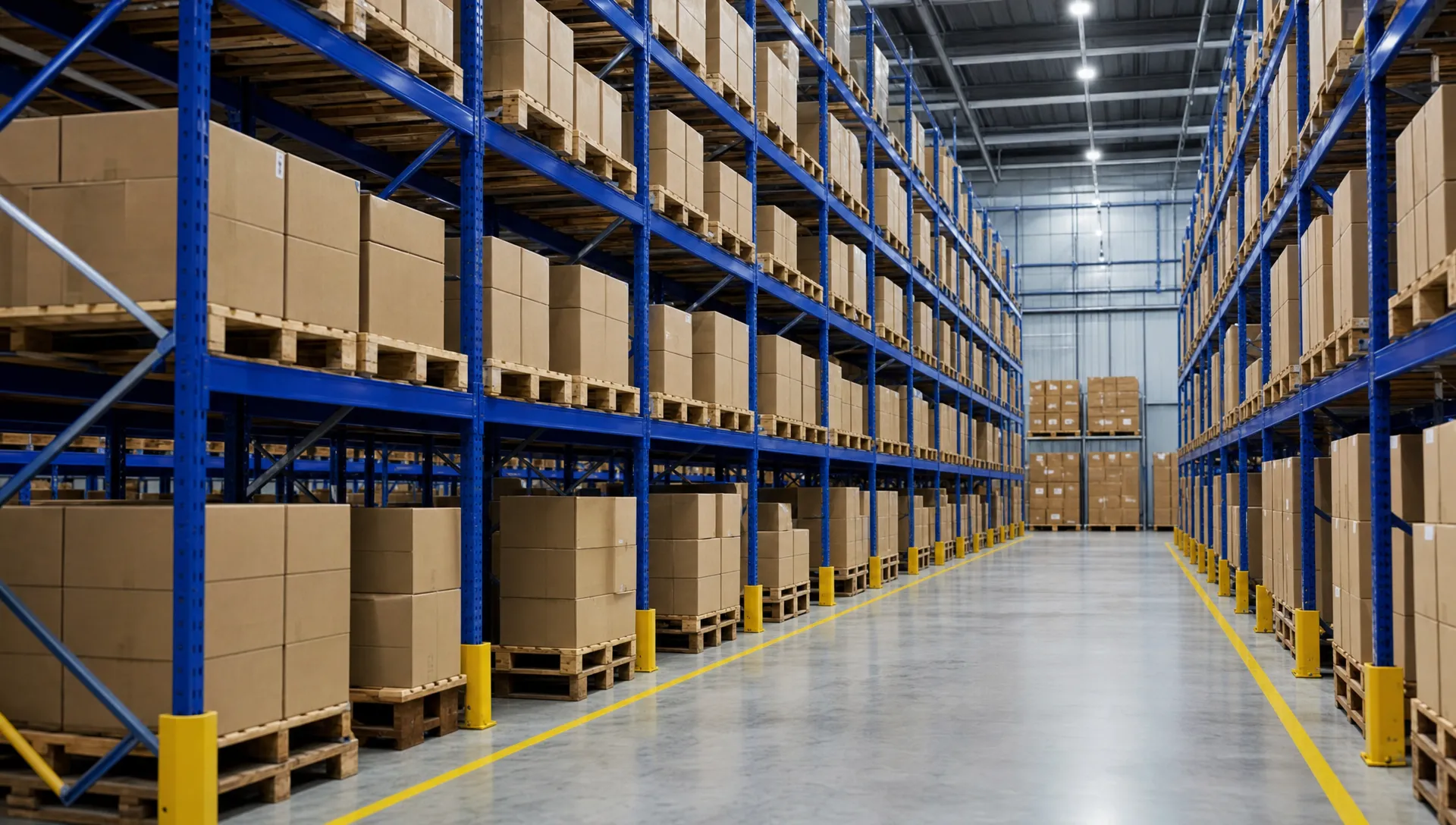 How Much Stock Should You Hold in a Fulfilment Warehouse? 1 Unbranded warehouse pallets and plain cartons sit in racking with clear aisles, showing stock planning in a fulfilment warehouse.