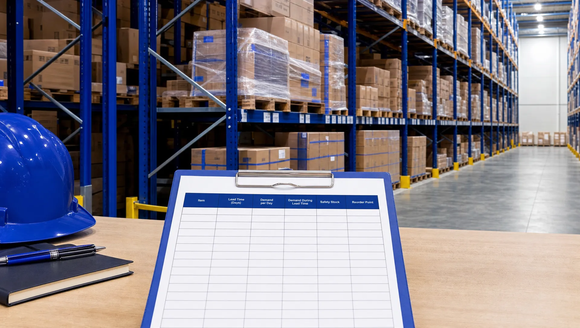 Unbranded warehouse racking with neatly organised pallets and a blank planning sheet for reorder point calculations.