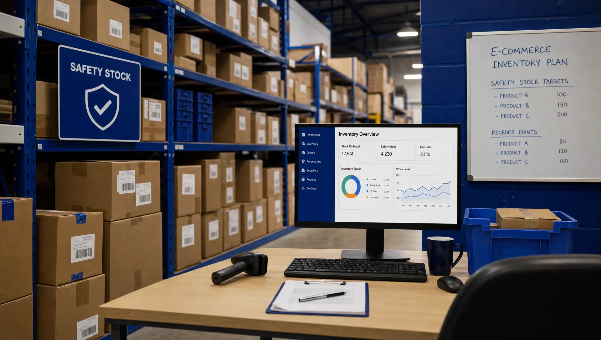 What Is Safety Stock and How Much Should an Ecommerce Business Hold? 1 Unbranded warehouse shelving with neatly organised cartons and a stock control workspace, showing safety stock held for eCommerce inventory planning.
