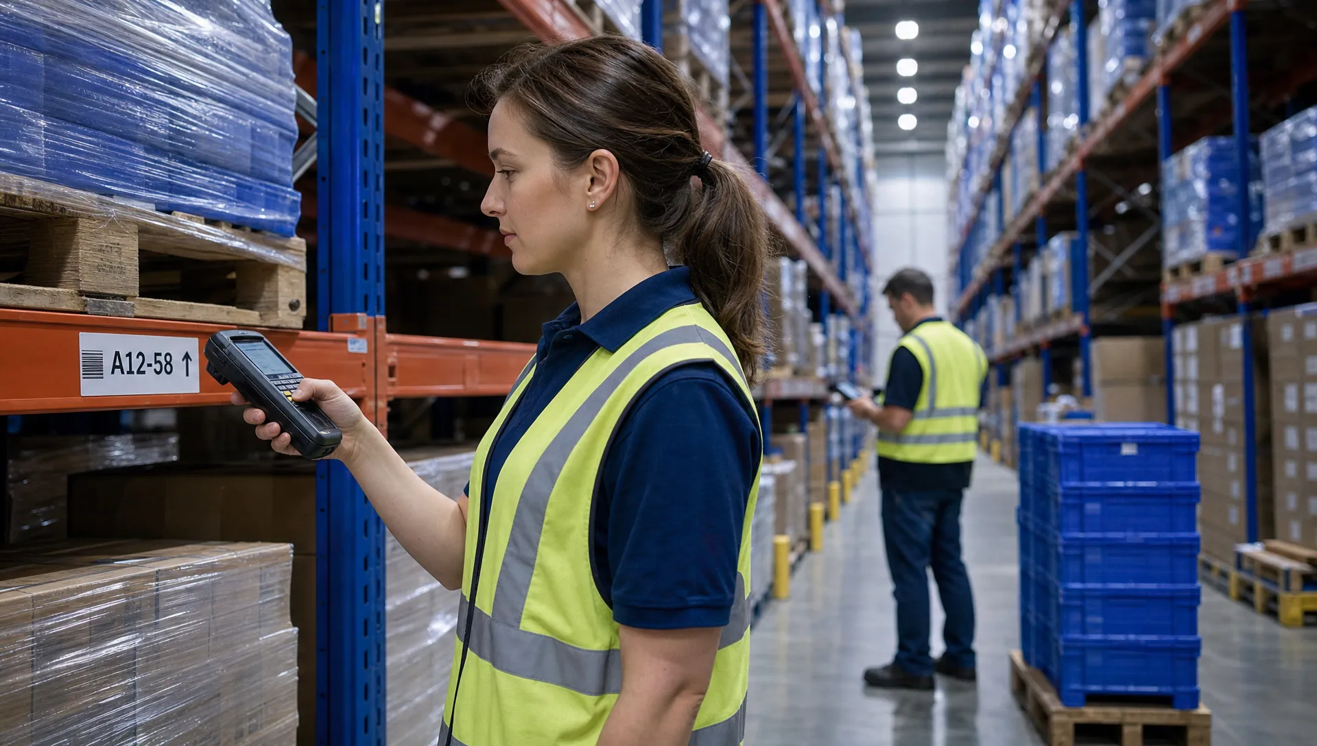 Cycle Counting vs Stocktaking - What's the Difference? 1 Unbranded warehouse staff check pallets and product locations with handheld scanners during cycle counting and stocktaking.