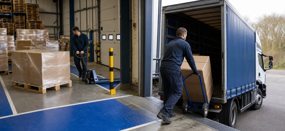 Warehouse staff load plain cartons into a vehicle at the bay, showing a handover that keeps delivery costs under control.