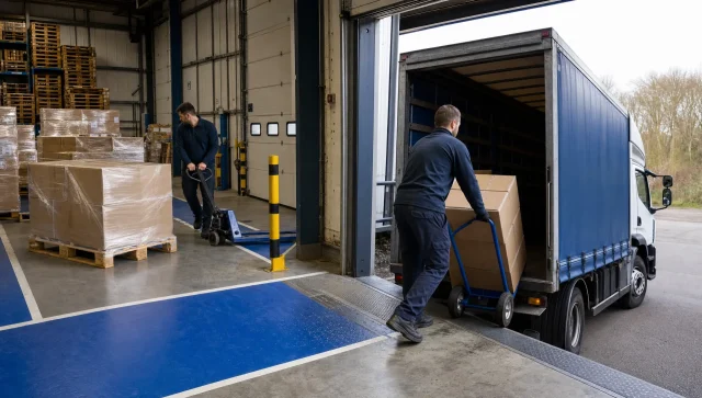Warehouse staff load plain cartons into a vehicle at the bay, showing a handover that keeps delivery costs under control.