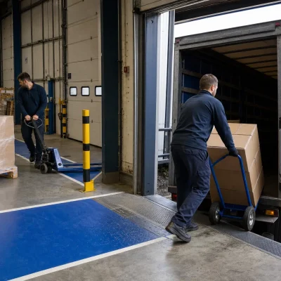 Warehouse staff load plain cartons into a vehicle at the bay, showing a handover that keeps delivery costs under control.