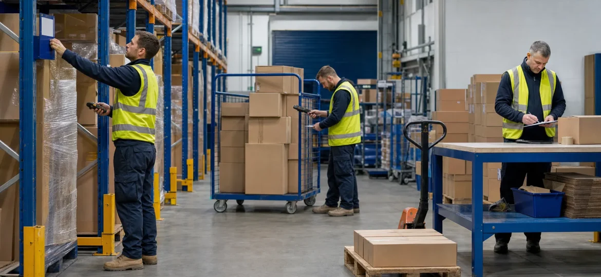 Warehouse staff move cartons between stock locations while a supervisor checks a transfer in a UK fulfilment centre.