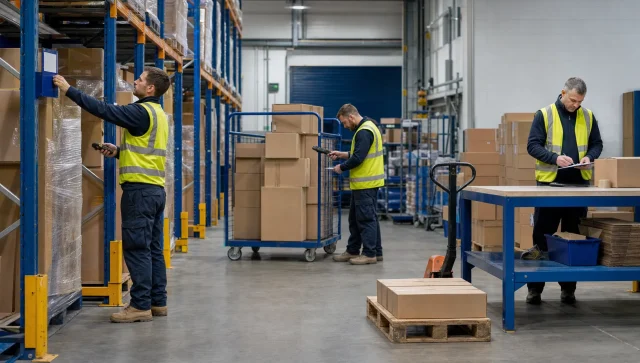 Warehouse staff move cartons between stock locations while a supervisor checks a transfer in a UK fulfilment centre.