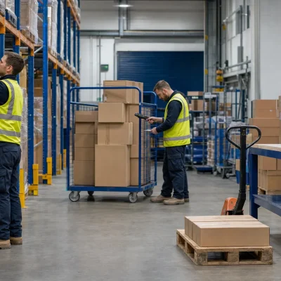 Warehouse staff move cartons between stock locations while a supervisor checks a transfer in a UK fulfilment centre.