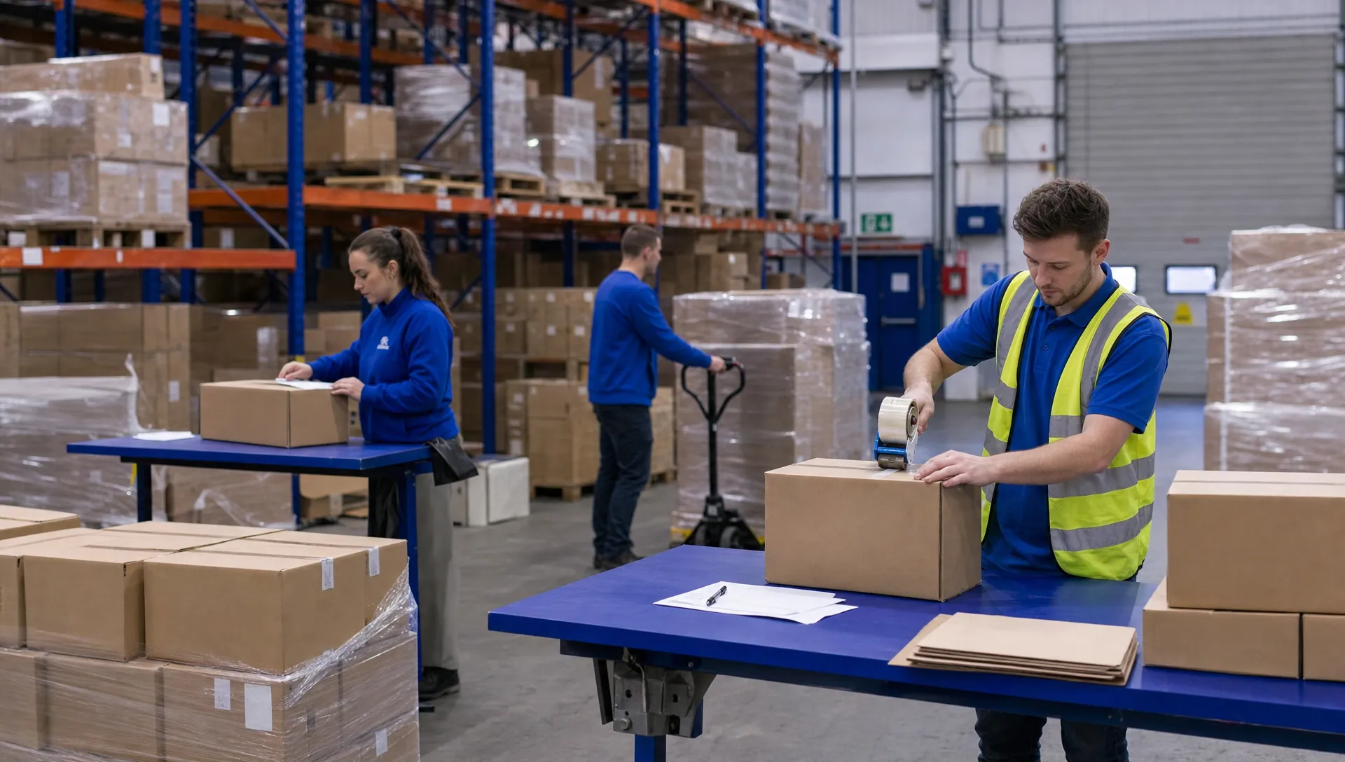 How Are Wholesale Orders Picked, Packed and Delivered to Retailers? 1 Warehouse staff prepare wholesale orders for retail delivery with plain cartons, wrapped pallets and blank paperwork in a UK dispatch area.