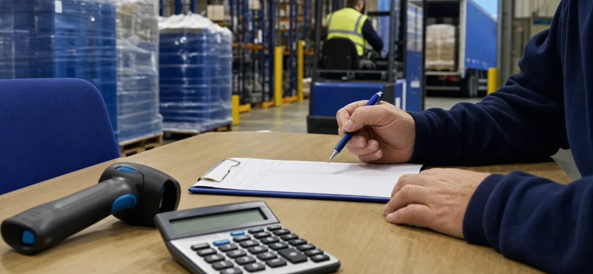 Warehouse staff review a fulfilment invoice beside a calculator and scanner, with pallets and racking visible behind them.