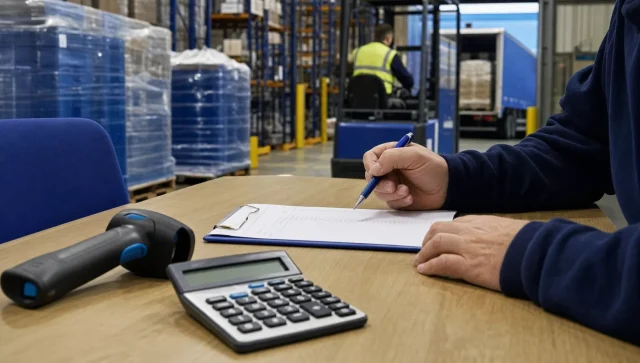 Warehouse staff review a fulfilment invoice beside a calculator and scanner, with pallets and racking visible behind them.