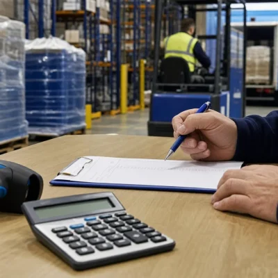 Warehouse staff review a fulfilment invoice beside a calculator and scanner, with pallets and racking visible behind them.