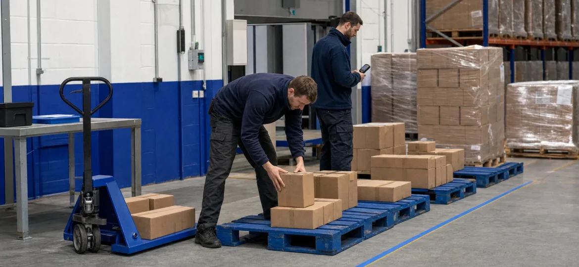 Warehouse staff separate checked cartons and scan stock in a controlled counting area.