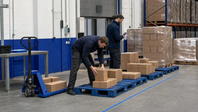 Warehouse staff separate checked cartons and scan stock in a controlled counting area.