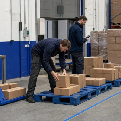 Warehouse staff separate checked cartons and scan stock in a controlled counting area.