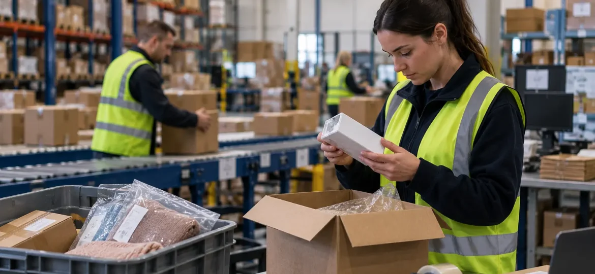 Warehouse worker inspecting an online customer return for restocking