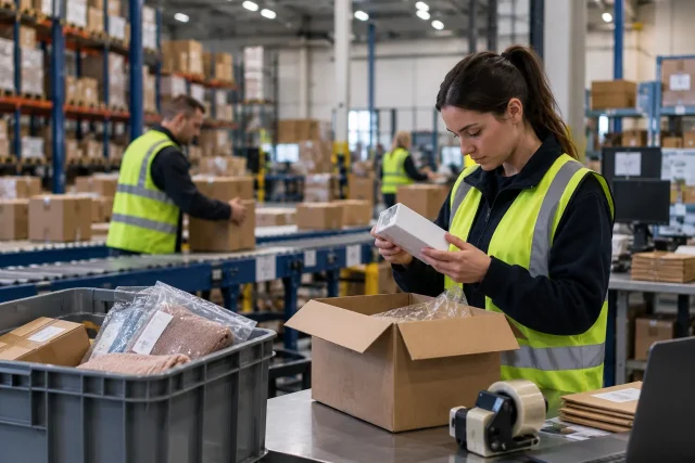 Warehouse worker inspecting an online customer return for restocking