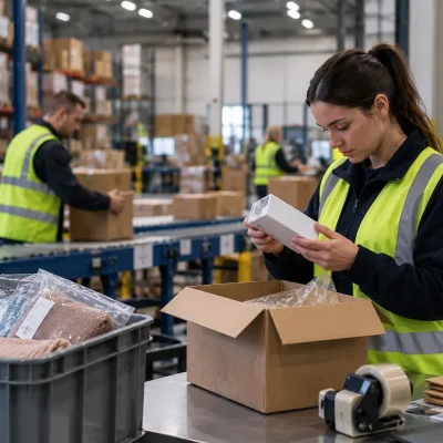 Warehouse worker inspecting an online customer return for restocking