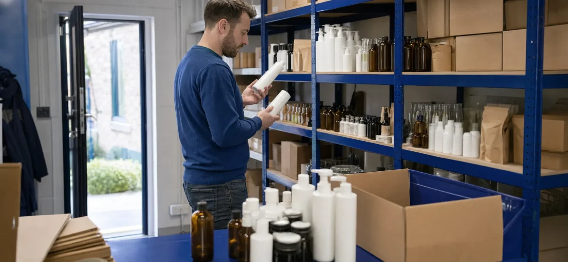 A business owner checks different bottle variants on stockroom shelves while preparing a product range for outsourced fulfilment.