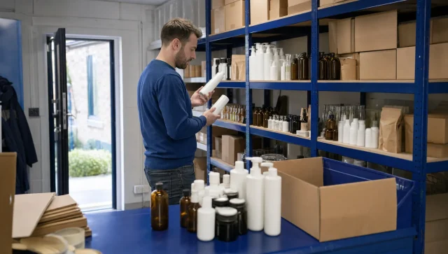 A business owner checks different bottle variants on stockroom shelves while preparing a product range for outsourced fulfilment.