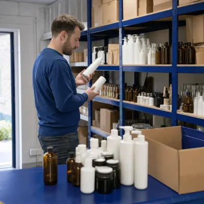 A business owner checks different bottle variants on stockroom shelves while preparing a product range for outsourced fulfilment.