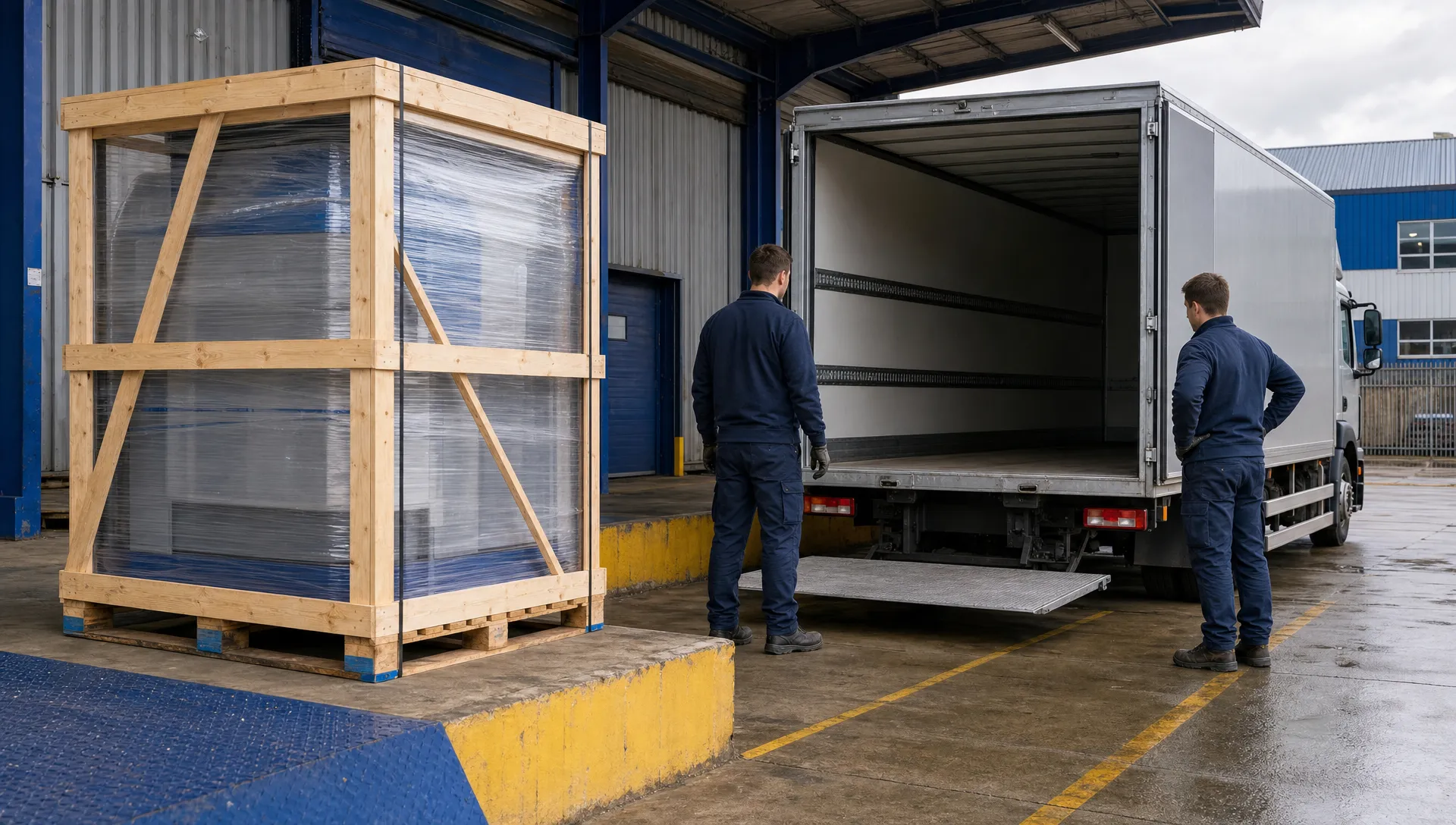 A crated bulky product on a pallet sits beside a delivery lorry while two workers check the unloading space in a UK loading bay.