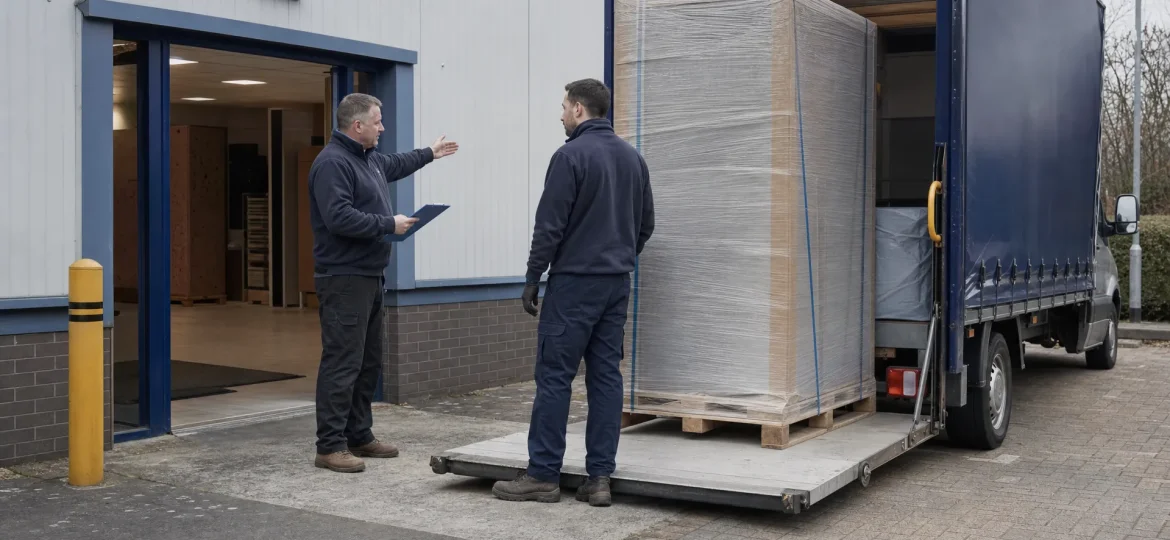 A delivery driver and site manager discuss an oversized item at a UK receiving entrance before unloading.