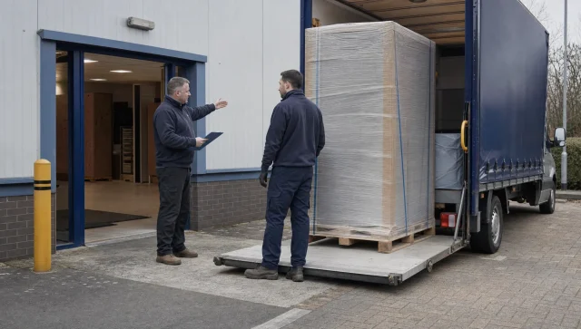 A delivery driver and site manager discuss an oversized item at a UK receiving entrance before unloading.
