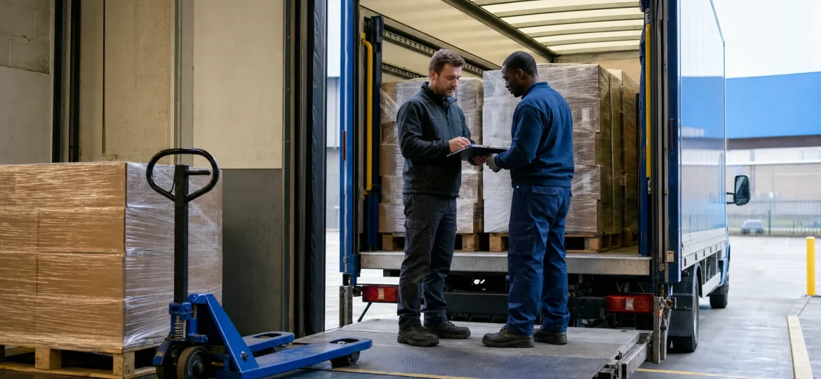 A driver and receiving clerk check pallet quantities beside a right-hand drive lorry at a UK warehouse loading bay.