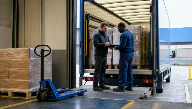 A driver and receiving clerk check pallet quantities beside a right-hand drive lorry at a UK warehouse loading bay.