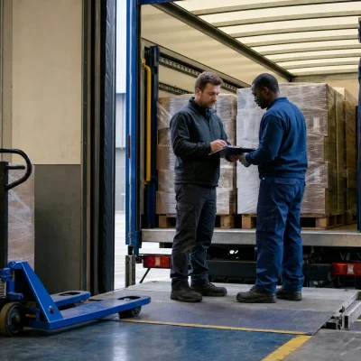 A driver and receiving clerk check pallet quantities beside a right-hand drive lorry at a UK warehouse loading bay.