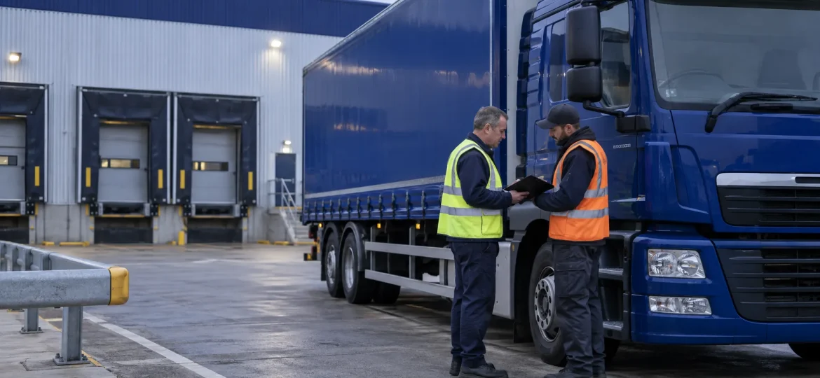 A driver and receiving operative confirm a retailer delivery beside a rigid vehicle at a UK distribution centre.