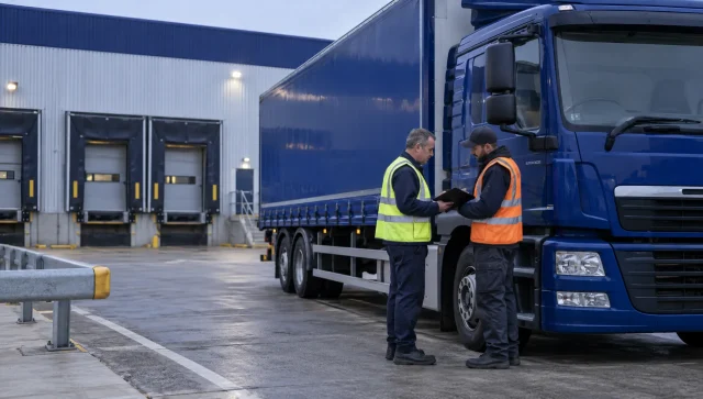 A driver and receiving operative confirm a retailer delivery beside a rigid vehicle at a UK distribution centre.