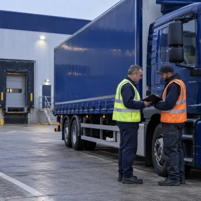 A driver and receiving operative confirm a retailer delivery beside a rigid vehicle at a UK distribution centre.