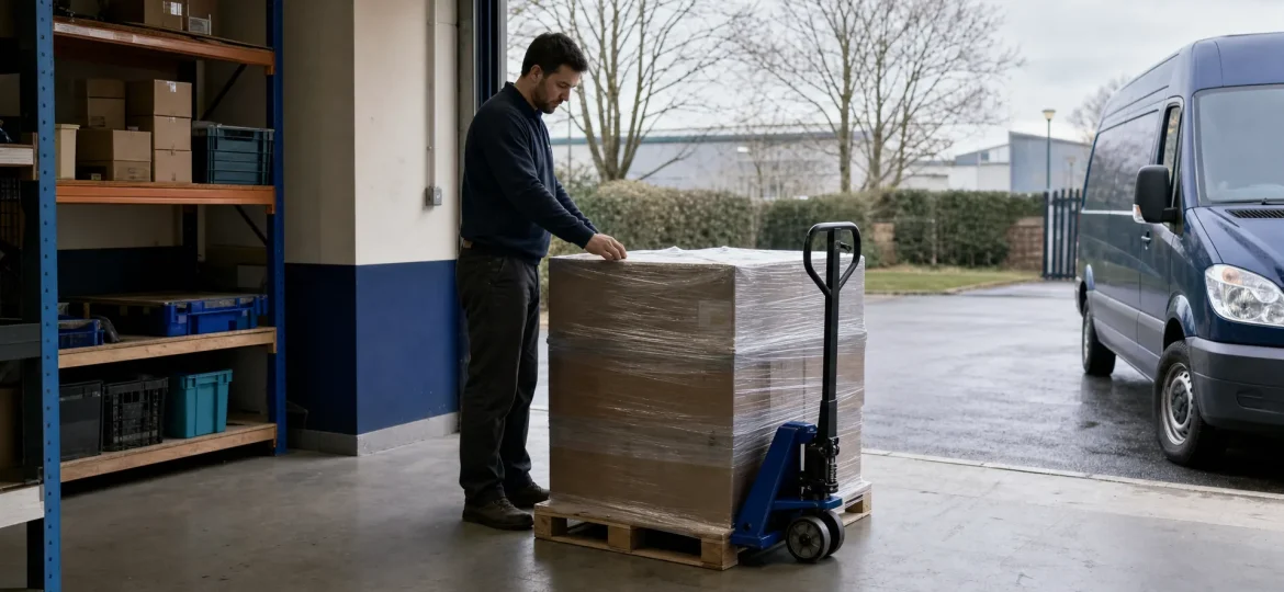 A manager prepares for an urgent pallet delivery at a small UK business receiving area.
