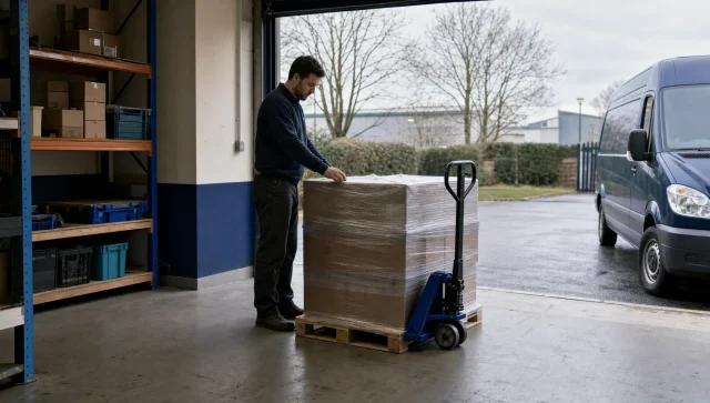 A manager prepares for an urgent pallet delivery at a small UK business receiving area.