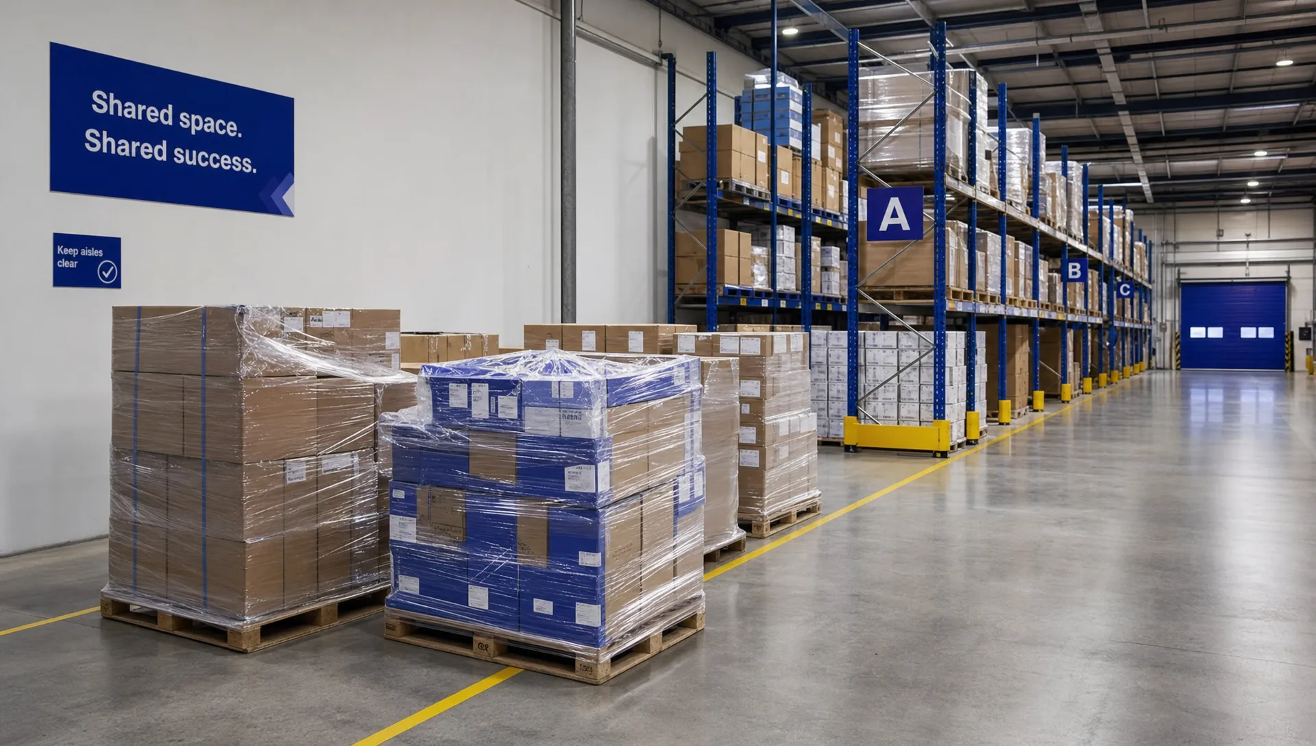 How Do I Store 10 or 20 Pallets Without Renting a Warehouse? 1 A modest group of stretch-wrapped pallets sits beside clear access aisles and pallet racking in a shared warehouse.