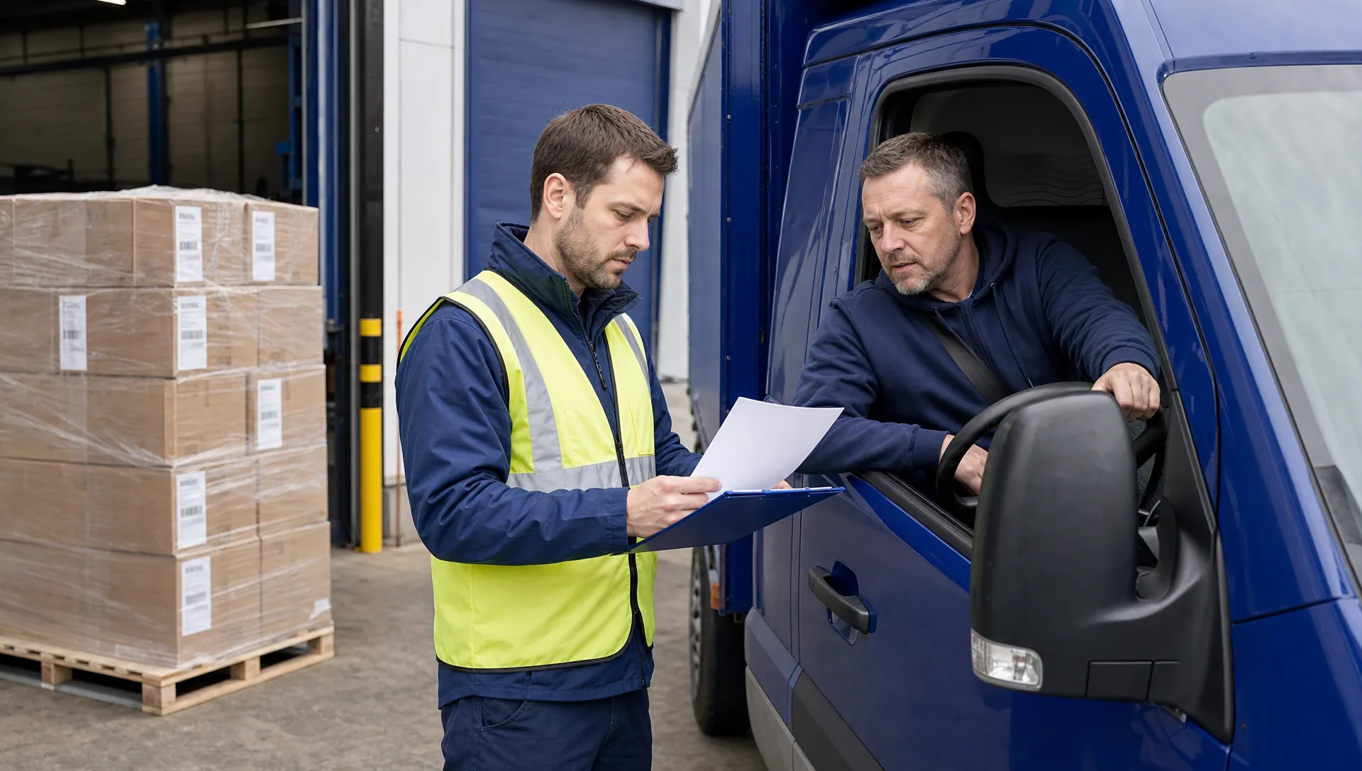 What Is Proof of Delivery and Why Does It Matter for B2B Deliveries? 1 A receiving employee checks pallet quantities beside a driver at a warehouse loading bay, with a right-hand drive vehicle and plain paperwork in view.