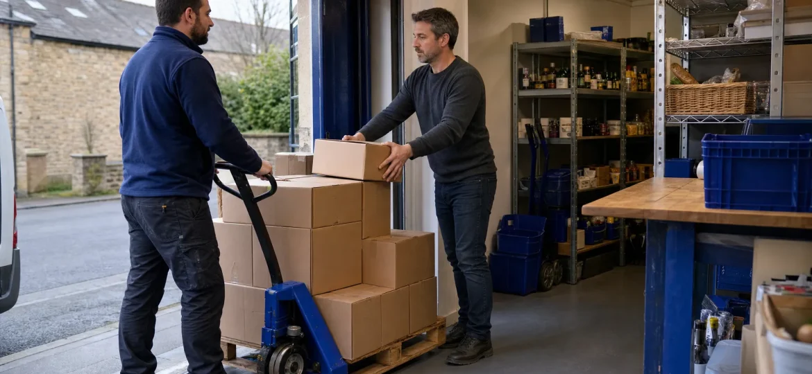 A shop owner receives cartons by pallet truck at a small UK shop entrance.