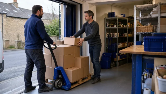 A shop owner receives cartons by pallet truck at a small UK shop entrance.
