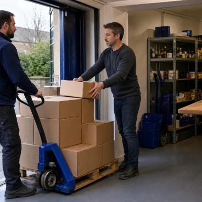 A shop owner receives cartons by pallet truck at a small UK shop entrance.