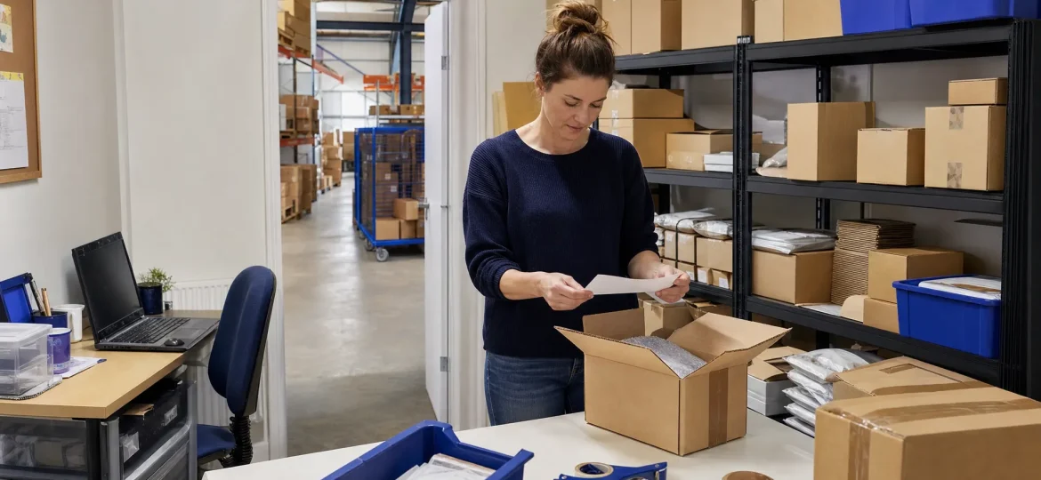 A small business stockroom holds parcels, shelving and packing supplies while an order is checked for dispatch.