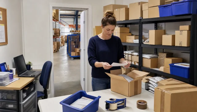 A small business stockroom holds parcels, shelving and packing supplies while an order is checked for dispatch.