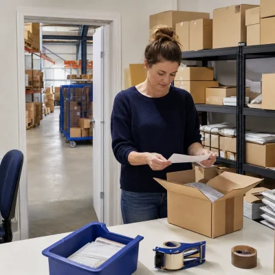 A small business stockroom holds parcels, shelving and packing supplies while an order is checked for dispatch.