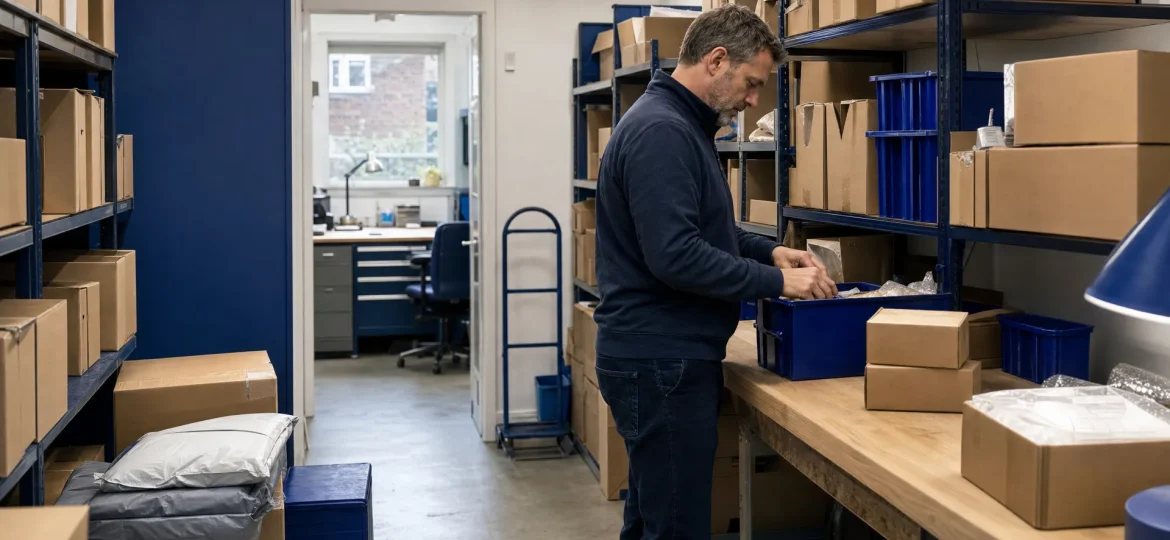 A small business stockroom shows plain cartons, shelving and an owner sorting stock in a tight everyday space.