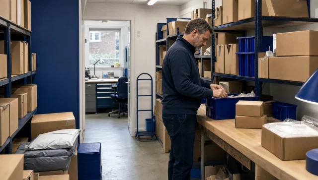 A small business stockroom shows plain cartons, shelving and an owner sorting stock in a tight everyday space.